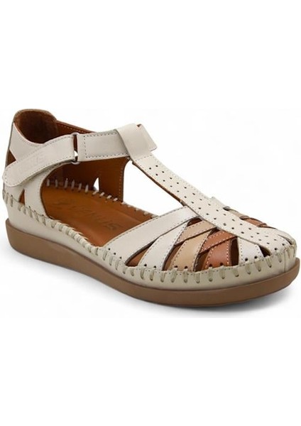 25033540 Günlük Hakiki Deri Bayan Sandalet-Bej