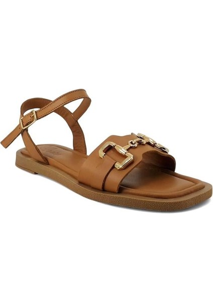 386 Hakiki Deri Günlük Kadın Sandalet-Taba