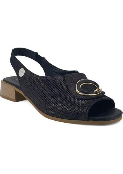 2720 Hakiki Deri Günlük Kadın Sandalet-Siyah Çelik