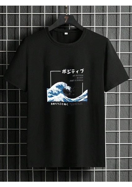Siyah Bisiklet Yaka Önü Dalga Baskılı Erkek T-Shirt