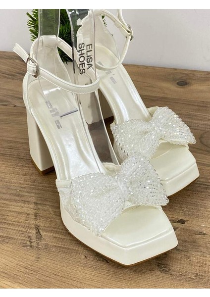 0000056 Kristal Taşlı Fiyonk Detaylı Beyaz Yüksek Topuklu Gelin & Abiye Ayakkabısı modelleri