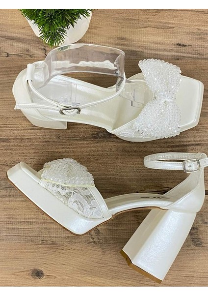 0000056 Kristal Taşlı Fiyonk Detaylı Beyaz Yüksek Topuklu Gelin & Abiye Ayakkabısı indirimleri