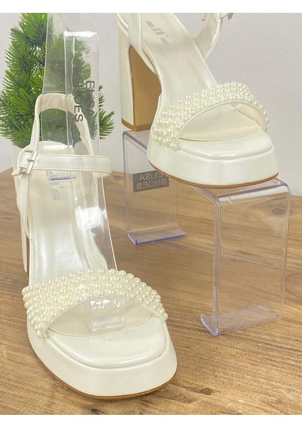0000054 Beyaz Inci Taş Detaylı Yüksek Topuklu Gelin & Abiye Ayakkabısı