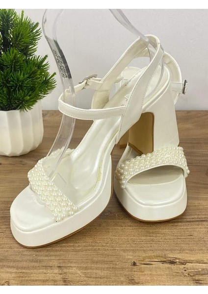0000054 Beyaz Inci Taş Detaylı Yüksek Topuklu Gelin & Abiye Ayakkabısı indirimleri