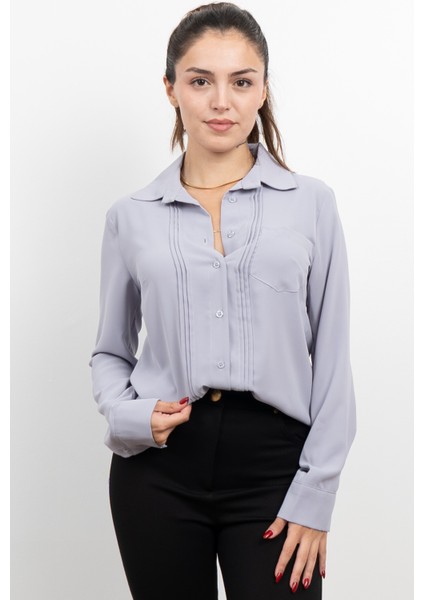 Nervür Dikişli Cepli Şifon Gömlek 7998