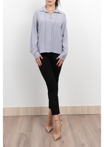 Nervür Dikişli Cepli Şifon Gömlek 7998 modelleri