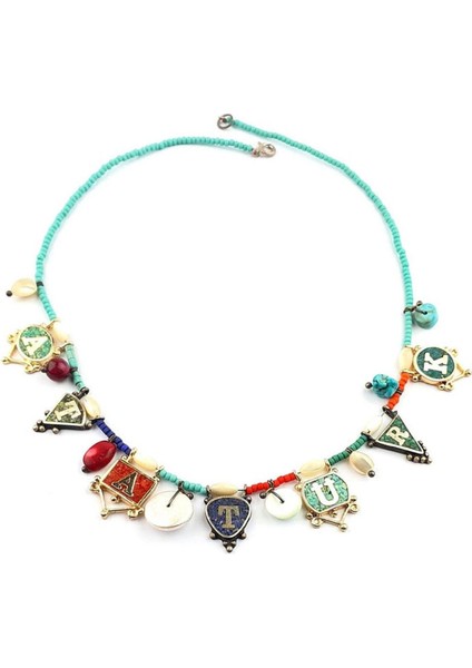 Atatürk Yazılı 925AYAR Gümüş Detaylı Turkuaz Mercan Sedef Taşlı Tasarım Doğal Taş Kolye