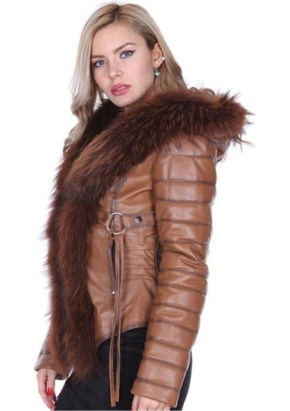 Hakiki Deri Kahverengi Kemerli Kürklü Kadın Ceket