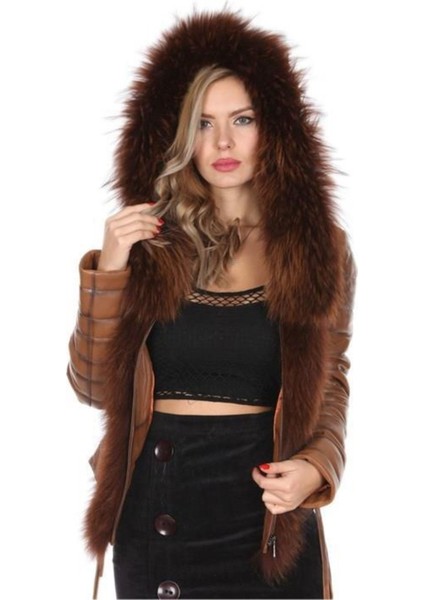 Hakiki Deri Kahverengi Kemerli Kürklü Kadın Ceket fiyatları