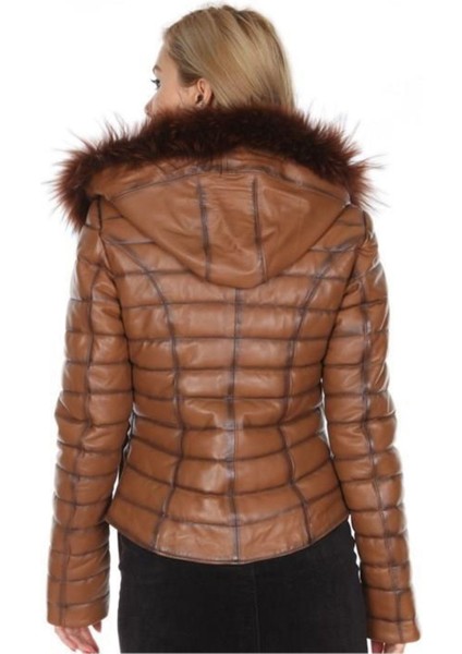 Hakiki Deri Kahverengi Kemerli Kürklü Kadın Ceket modelleri