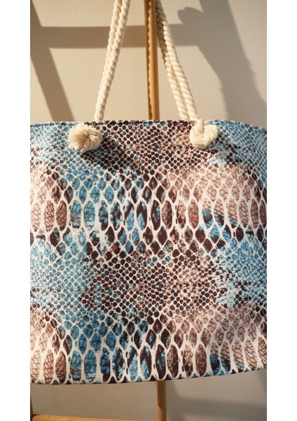 Kadın Yılan Derisi Desenli Çanta - Renkli - Fermuarlı- 50*35 Cm- Plaj Çantası