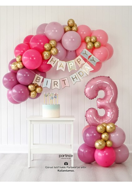 3 Yaş Balonu Doğum Günü Balon Zinciri Pastel Pembe Parti Seti