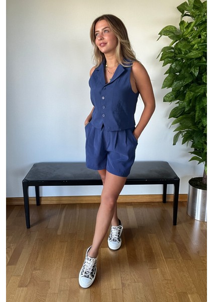 Yeni Sezon Kadın Kolsuz Düğmeli Ikili Şortlu Modal Takım Rahat Kalıp Günlük Şık Hazır Yaz Kombini