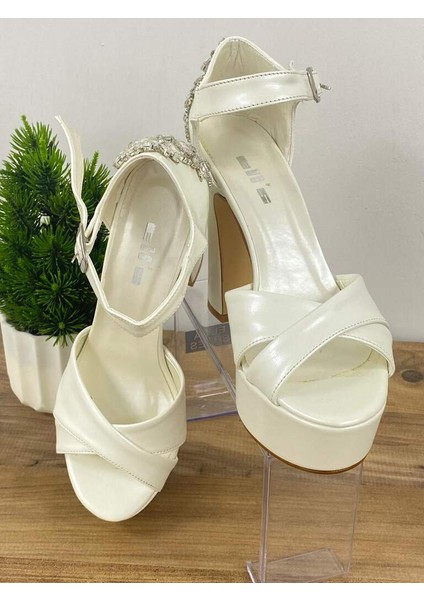 0000048 12 cm Çapraz Bantlı Taşlı Tasarım Yüksek Topuklu Gelin & Abiye Ayakkabısı