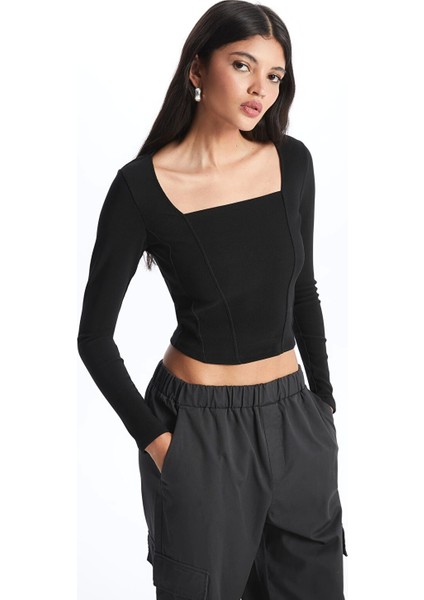 Lcw Vision Siyah Kare Yaka Düz Uzun Kollu Ottoman Kadın Bluz