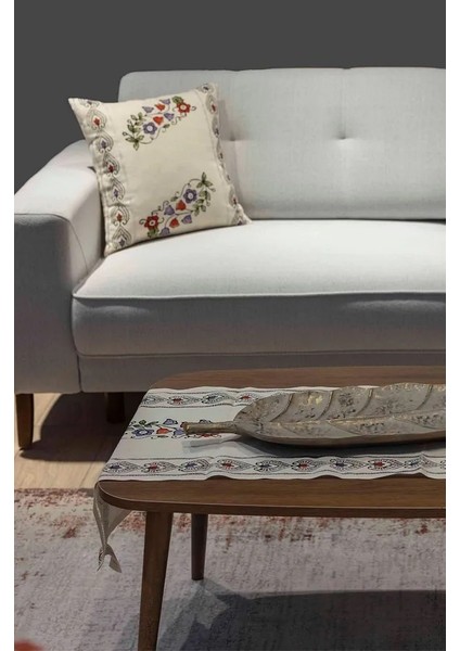 El Yapımı %100 Pamuk Keten Runner ve Kırlent Seti (45X145 cm Runner & 40X40 cm Kırlent Kılıfları)