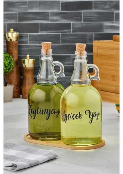 2'li Mantar Tıpalı, Standlı 1000 ml Cam Yağdanlık Ayçiçek Yağı/zeytin Yağı Şişesi(Transfer Etiketli)