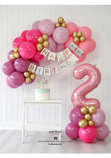 2 Yaş Balonu Doğum Günü Balon Zinciri Pastel Pembe Parti Seti
