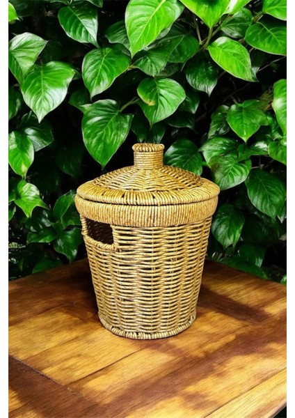 Wicker Küçük Boy Hasır Kapaklı Patates Soğan Sepet Sunum Sebzelik Örgü Çamaşır Sepeti Dekor