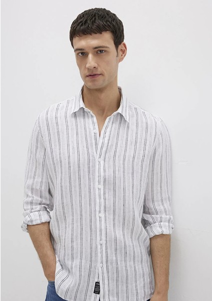 Çizgili Beyaz Siyah Erkek Gömlek M0211695-90914