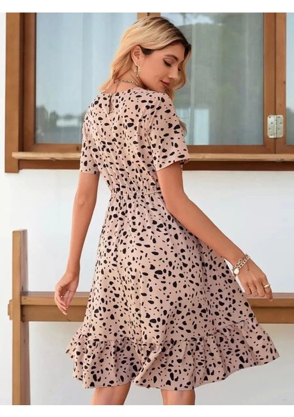 Kadın Kısa Kollu Bisiklet Yaka Desenli Süprem Elbise modelleri