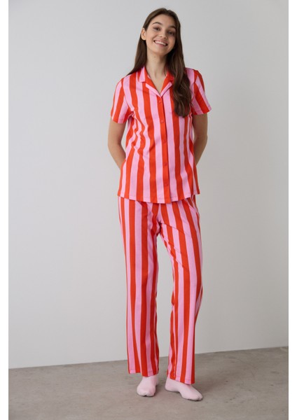 Mercan Chill Days Çizgili Gömlek Yaka Pamuklu Kısa Kollu Pijama Takımı