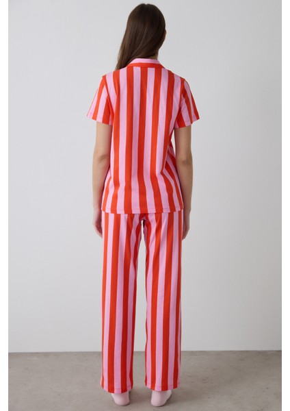 Mercan Chill Days Çizgili Gömlek Yaka Pamuklu Kısa Kollu Pijama Takımı fırsatları