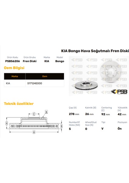 Fren Diski Ön 278MM Kıa Bongo K2500 2012- Crdi Oem Kodu - 51712-4E000PSB56206