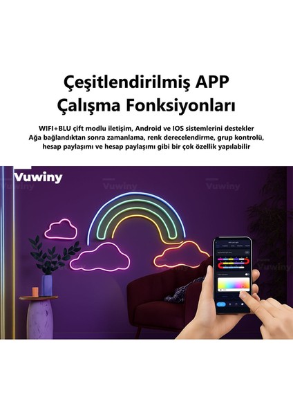 APP Mobil Uygulamalı Sese Duyarlı WIFI Özellikli IP67 RGB-IC Akıllı Led Neon Akıllı Aydınlatma (3 Metre - 5V) fırsatları
