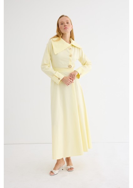 Broş Detaylı Asimetrik Yaka Poplin Elbise Soft Sarı