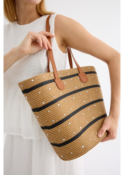 Taşlı Hasır Tote Çanta Siyah Şeritli Camel