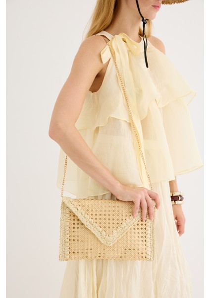 Sole Hasır Clutch Çanta Bej