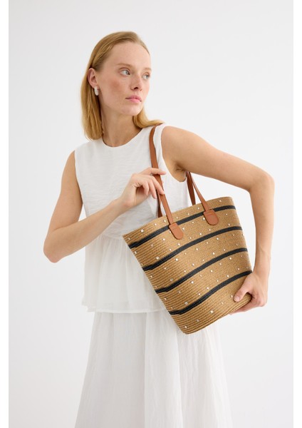 Taşlı Hasır Tote Çanta Siyah Şeritli Camel fiyatları