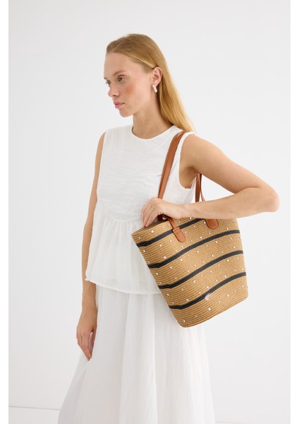 Taşlı Hasır Tote Çanta Siyah Şeritli Camel modelleri