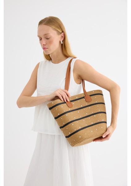 Taşlı Hasır Tote Çanta Siyah Şeritli Camel fırsatları