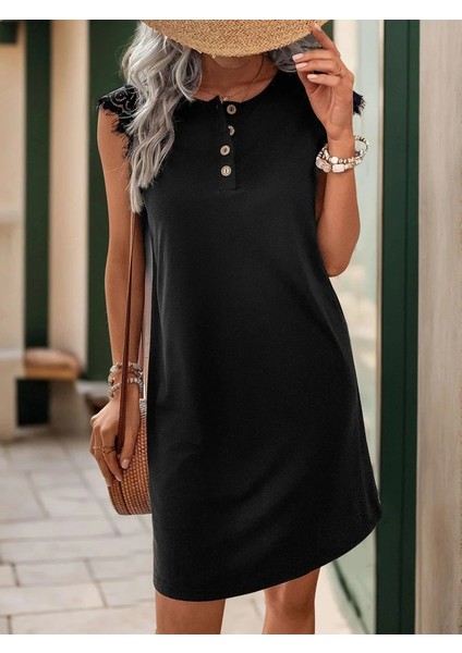 Kadın Kısa Dantel Kollu Önden Düğmeli Viskon Elbise fırsatları