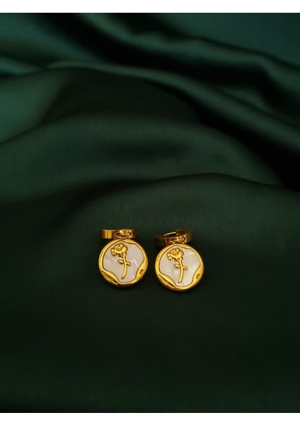 Gold Renk Gül Detaylı Mineli 316L Paslanmaz Çelik Küpe