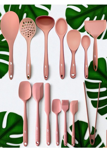 Isıya Dayanıklı Silikon Maşa Kevgir Kepçe Spatula Kaşık Seti (30-28-22-20 Cm) 14 Parça