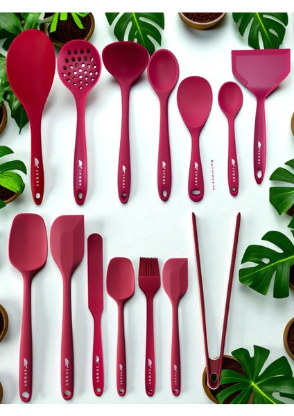 Isıya Dayanıklı Silikon Maşa Kevgir Kepçe Spatula Kaşık Seti (30-28-22-20 Cm) 14 Parça