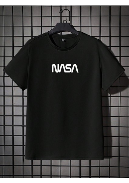 Siyah Bisiklet Yaka Önü Nasa Baskılı Erkek T-Shirt