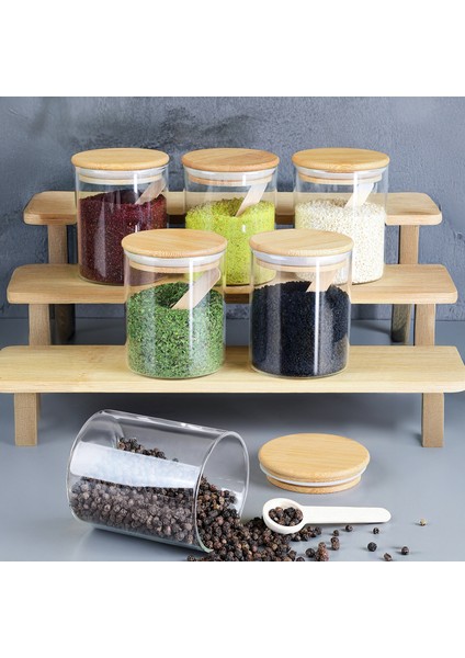 6'lı Bambu Kapaklı Kaşıklı Cam Baharatlık Seti - Vakumlu Cam Kavanoz Baharat Saklama Kabı 200 ml