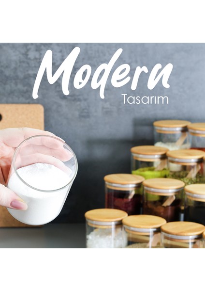 6'lı Bambu Kapaklı Kaşıklı Cam Baharatlık Seti - Vakumlu Cam Kavanoz Baharat Saklama Kabı 200 ml