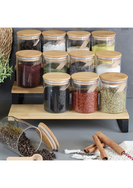 12'li Bambu Kapaklı Kaşıklı Cam Baharatlık Seti - Vakumlu Cam Kavanoz Baharat Saklama Kabı 200 ml