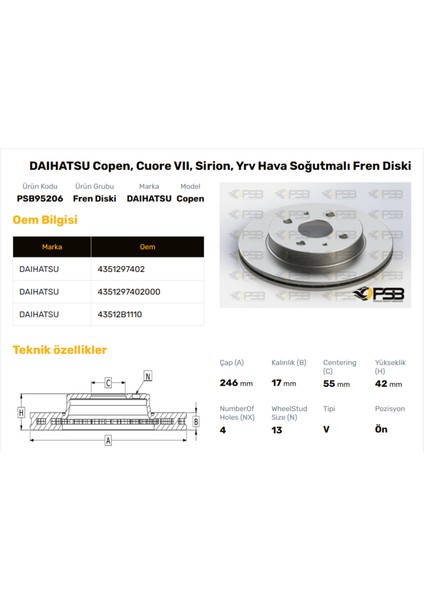 Fren Diski Ön 246MM Daıhatsu Sirion 1.0 Dvvt 4WD 1.3 2005- Coure 1.0 2007- Yrv 1.3 2002- Oem Kodu - 43512-B1110-PSB95206