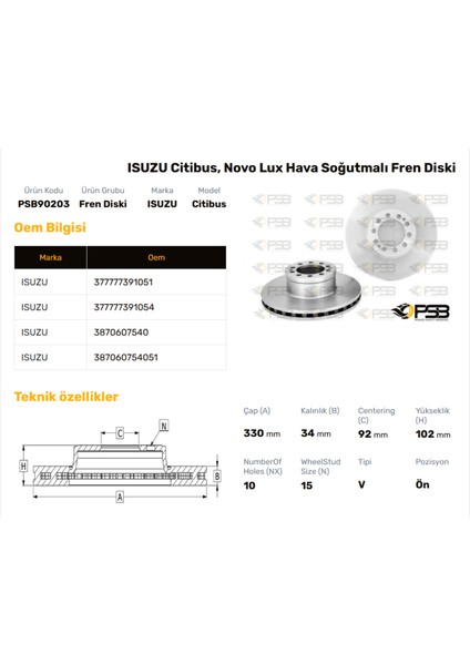 Fren Diski Ön 330MM Isuzu Citibus Novo Lux 2017- Oem Kodu - 377777391054-PSB90203