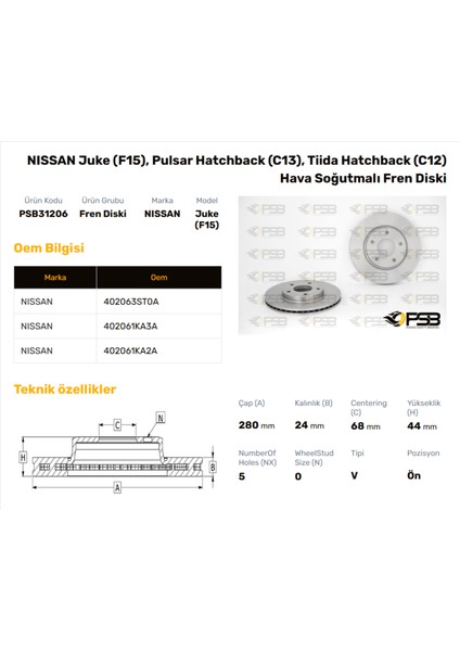 Fren Diski Ön 280MM Nıssan Juke 1.2 Dıg-T 1.5 Dcı 2010- Oem Kodu - 40206-3ST0A-PSB31206
