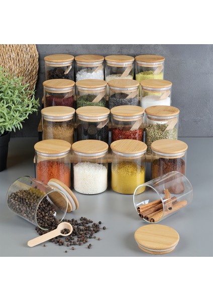 18'li Bambu Kapaklı Kaşıklı Cam Baharatlık Seti - Vakumlu Cam Kavanoz Baharat Saklama Kabı 200 ml