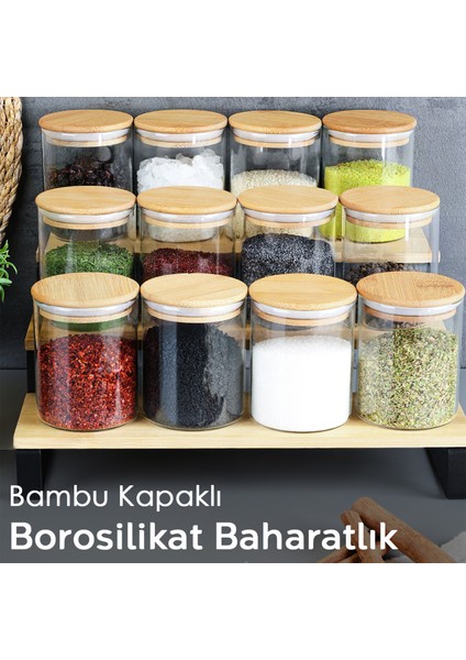 18'li Bambu Kapaklı Kaşıklı Cam Baharatlık Seti - Vakumlu Cam Kavanoz Baharat Saklama Kabı 200 ml fiyatları