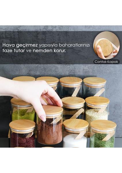 18'li Bambu Kapaklı Kaşıklı Cam Baharatlık Seti - Vakumlu Cam Kavanoz Baharat Saklama Kabı 200 ml fırsatları