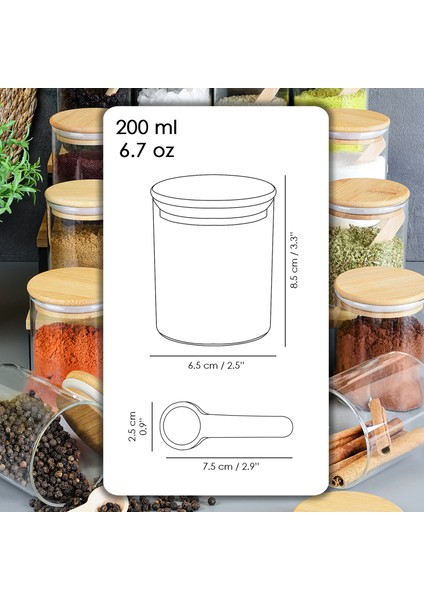 18'li Bambu Kapaklı Kaşıklı Cam Baharatlık Seti - Vakumlu Cam Kavanoz Baharat Saklama Kabı 200 ml